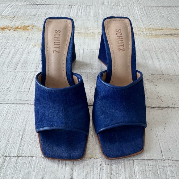 SCHUTZ Lizah Welt Wild NWOT size 7.5 Blue Calf Hair Leather Sandal Triangle Heel - Picture 2 of 12